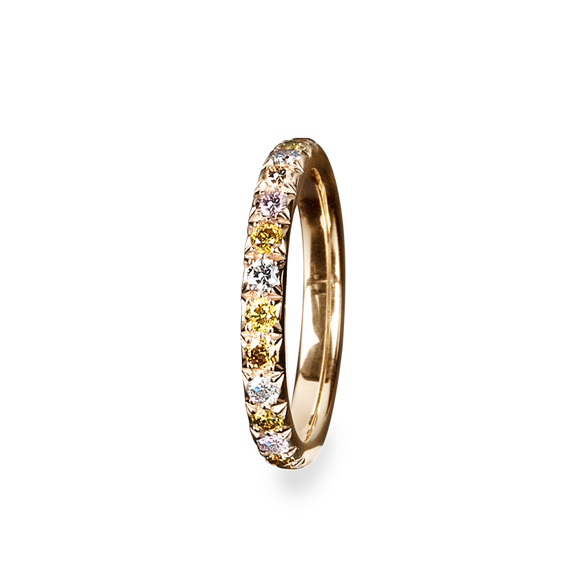 Eternity ring in 18K rose gold with diamonds, fancy yellow, orange and brown
