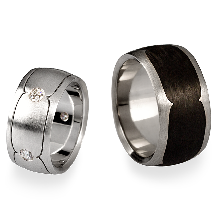 Wedding rings in 18K white gold and carbon fiber and brilliant diamonds